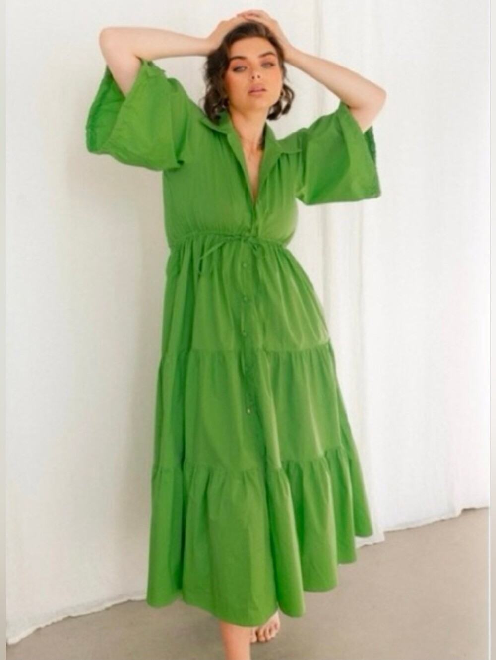 Baiia Harlow Dress In Palm Maxi Tiered Balloon Sleeve Buttondown L